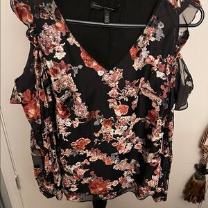 White House Black Market Black Floral Cold-Shoulder Blouse with Ruffles